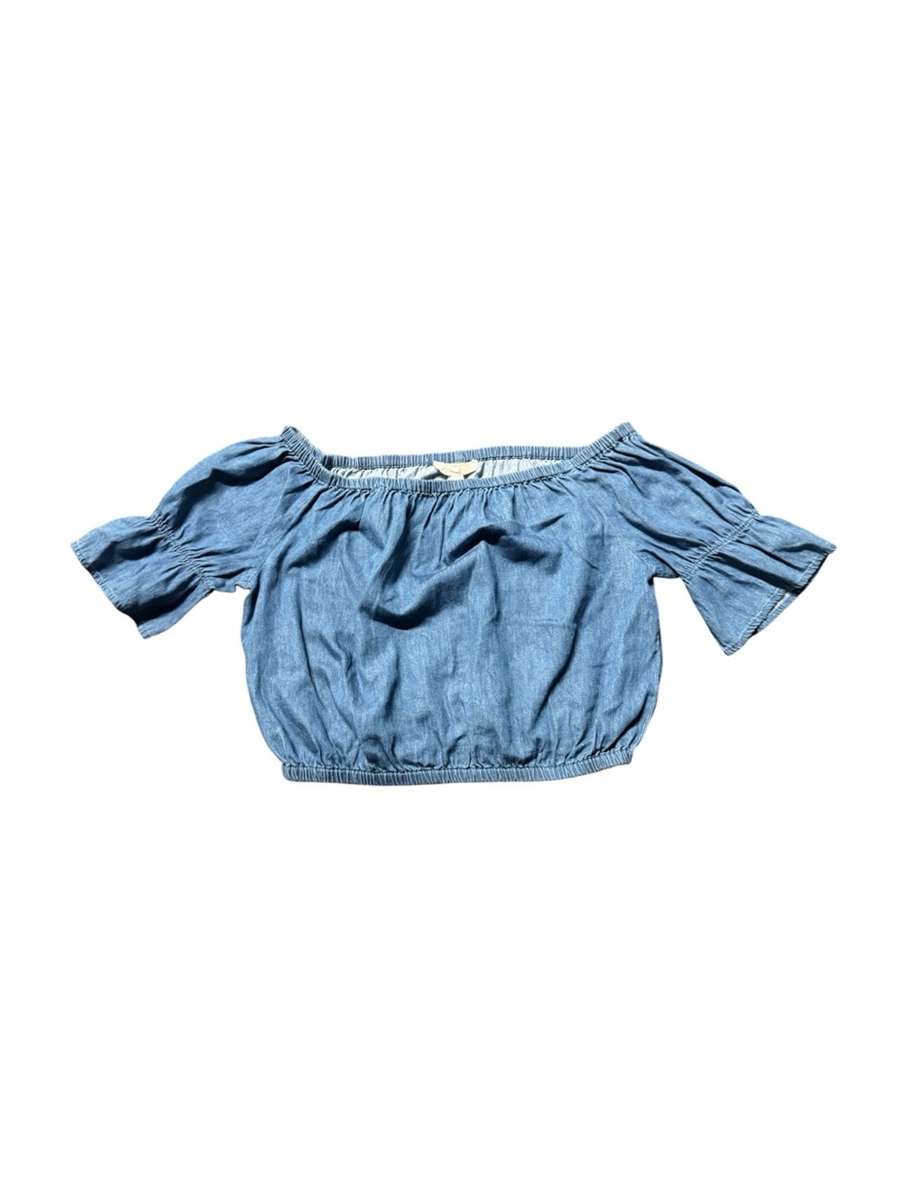Love Tree Womenβs Medium Chambray Off Shoulder Crop Top Blue